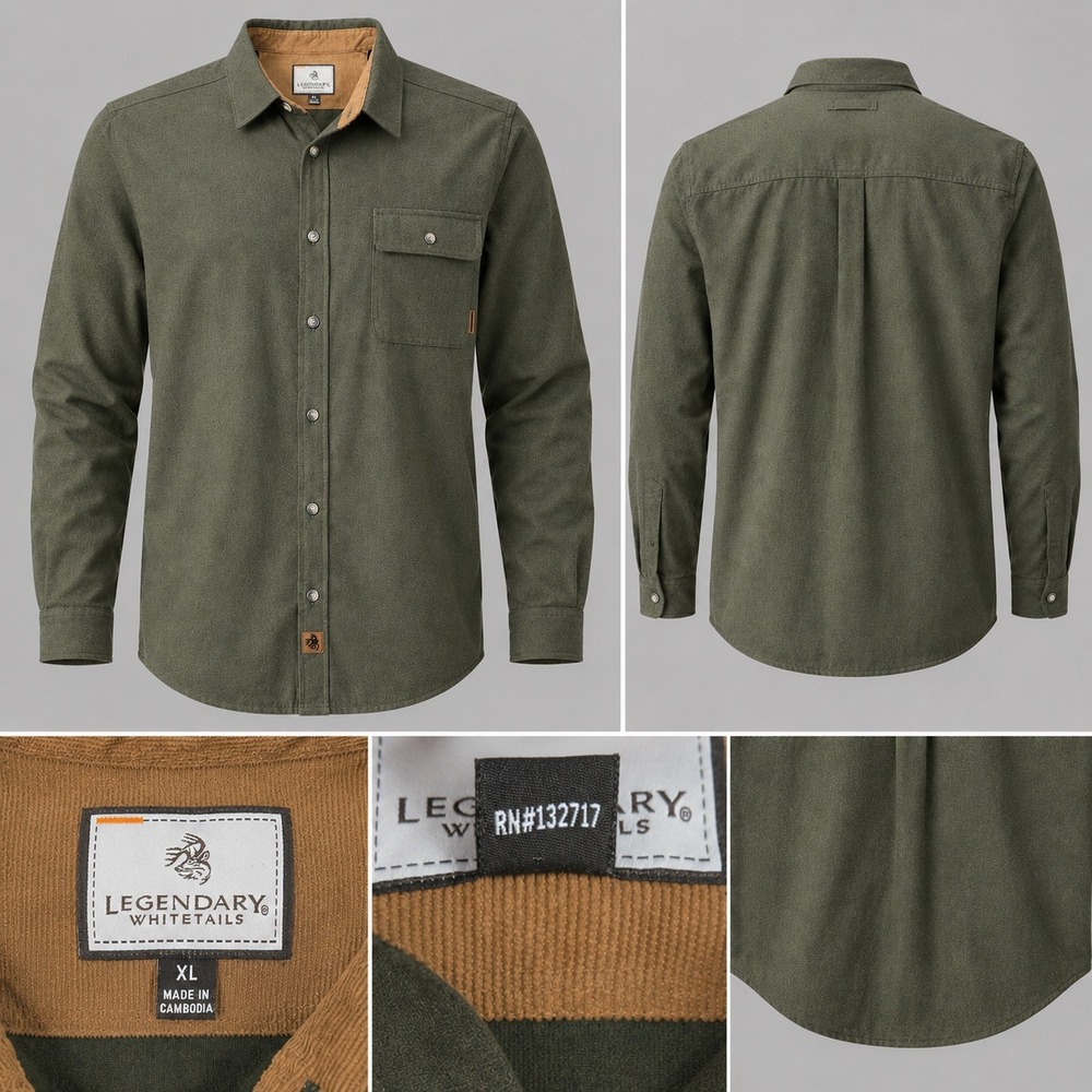 Legendary Whitetails Flannel Shirt Mens XL Green Excellent Corduroy Trim 6464